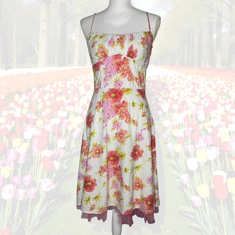 Vintage Ruby Rox Size 7 Floral Eyelet Sundress Pink White Tulle Fit & Flare Y2K